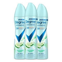 Degree Cucumber Burst can close-up showing refreshing scent and dry spray action