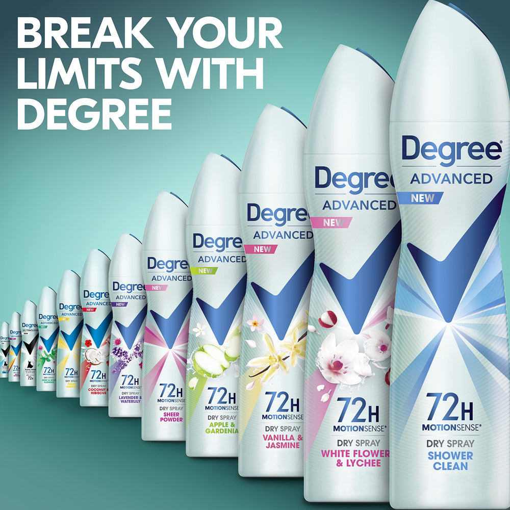 Degree Advanced Shower Clean dry spray applies instantly with no residue for quick dressing.
