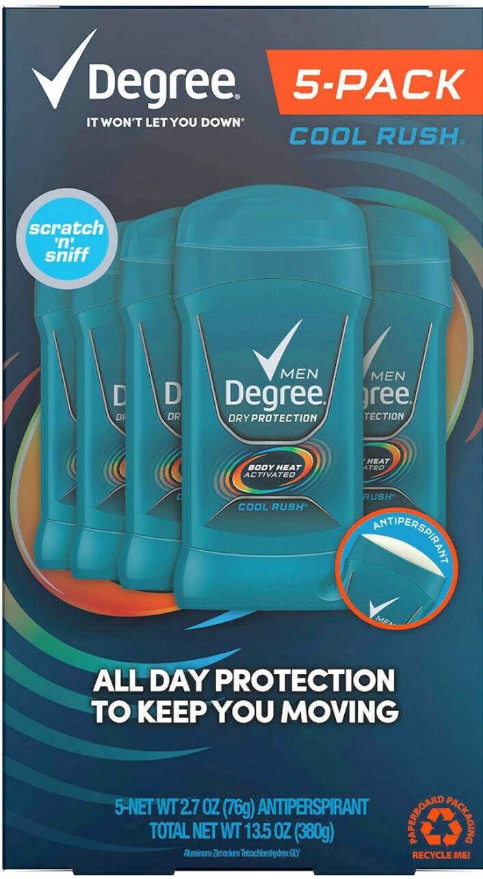 Degree Men Cool Rush antiperspirant pack of five for daily protection during active days.