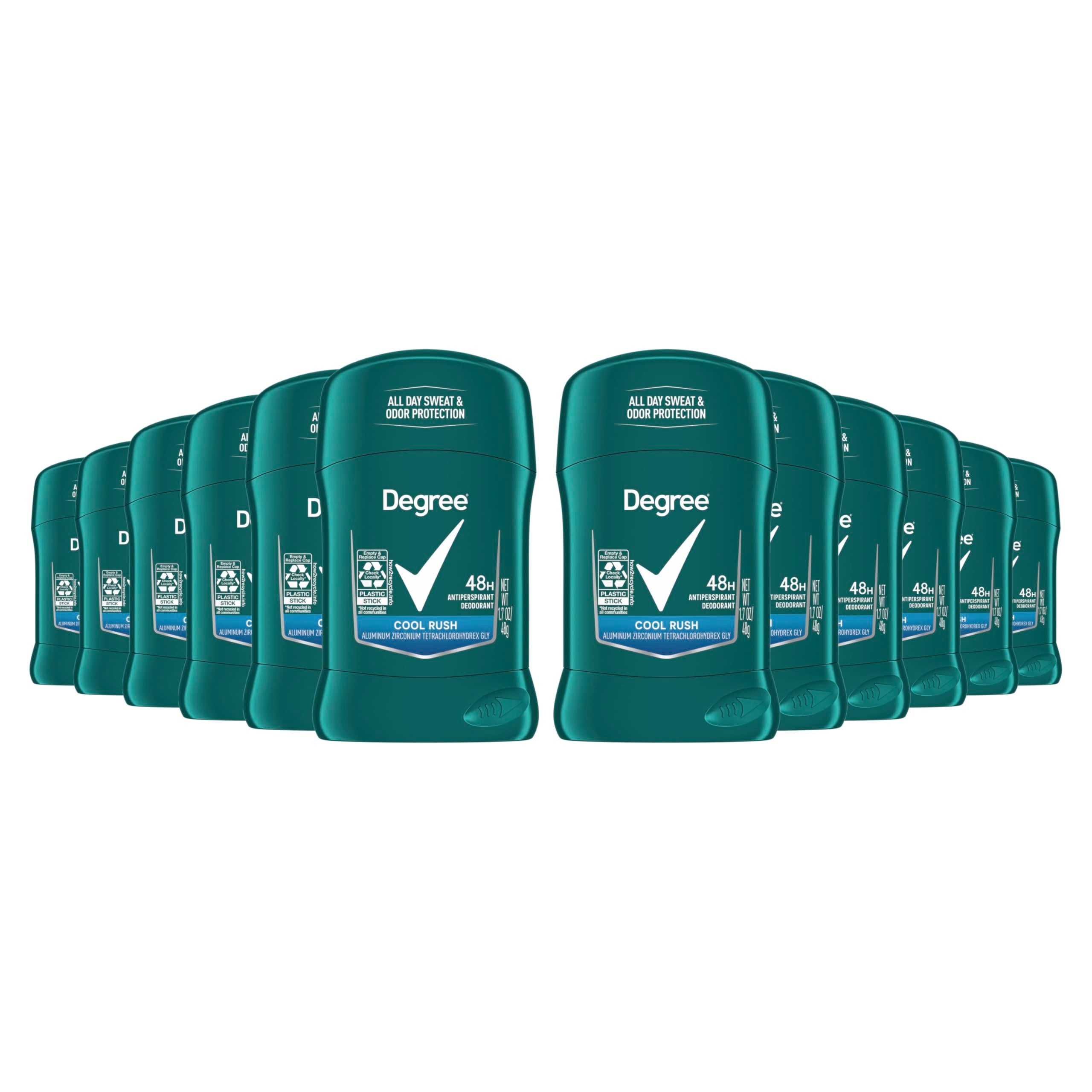 Degree Men Cool Rush deodorant stick in a 12-pack for long-lasting dryness.