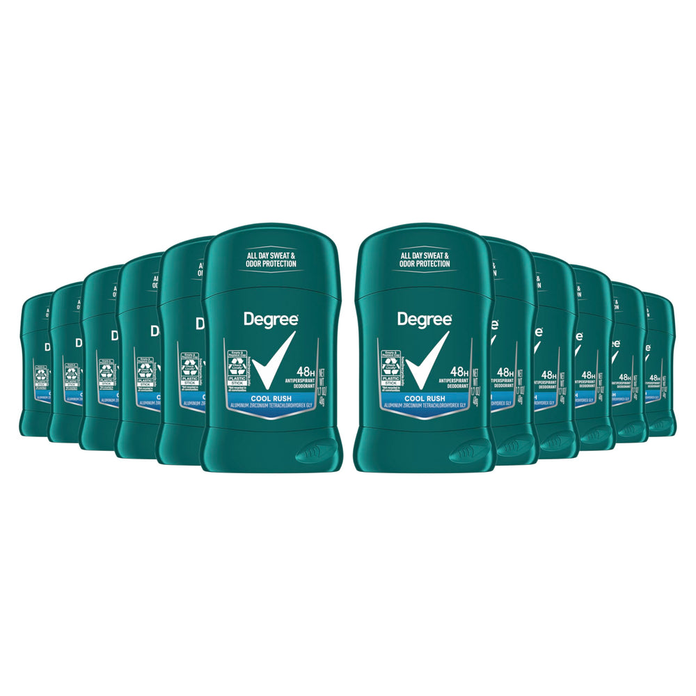 Degree Men Cool Rush deodorant stick in a 12-pack for long-lasting dryness.