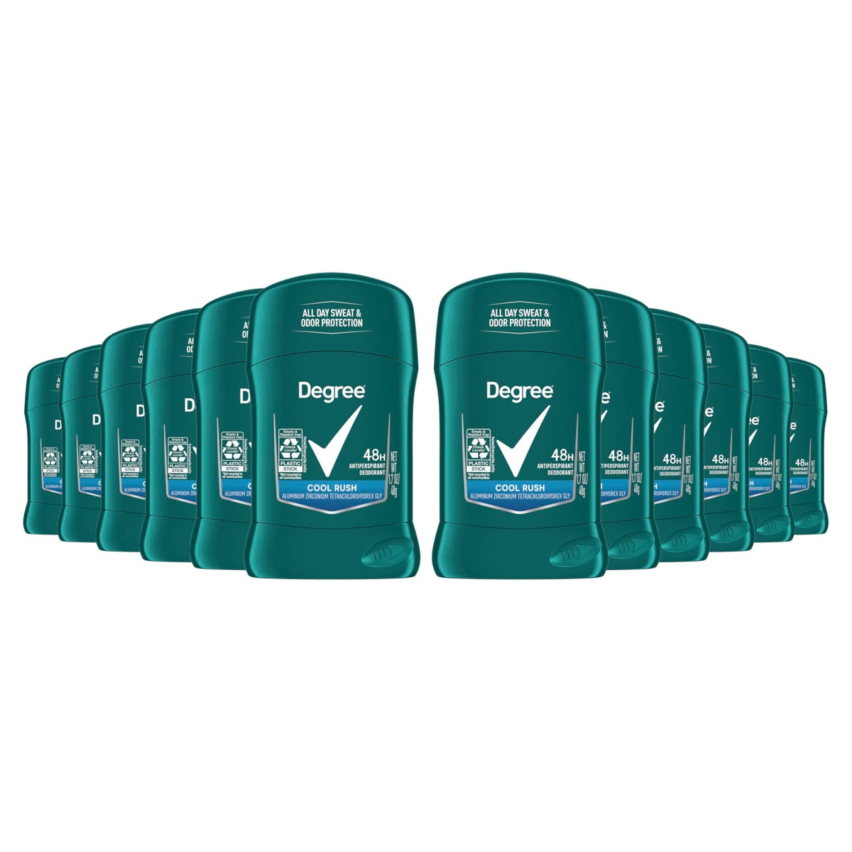 Degree Men Cool Rush deodorant stick in a 12-pack for long-lasting dryness.