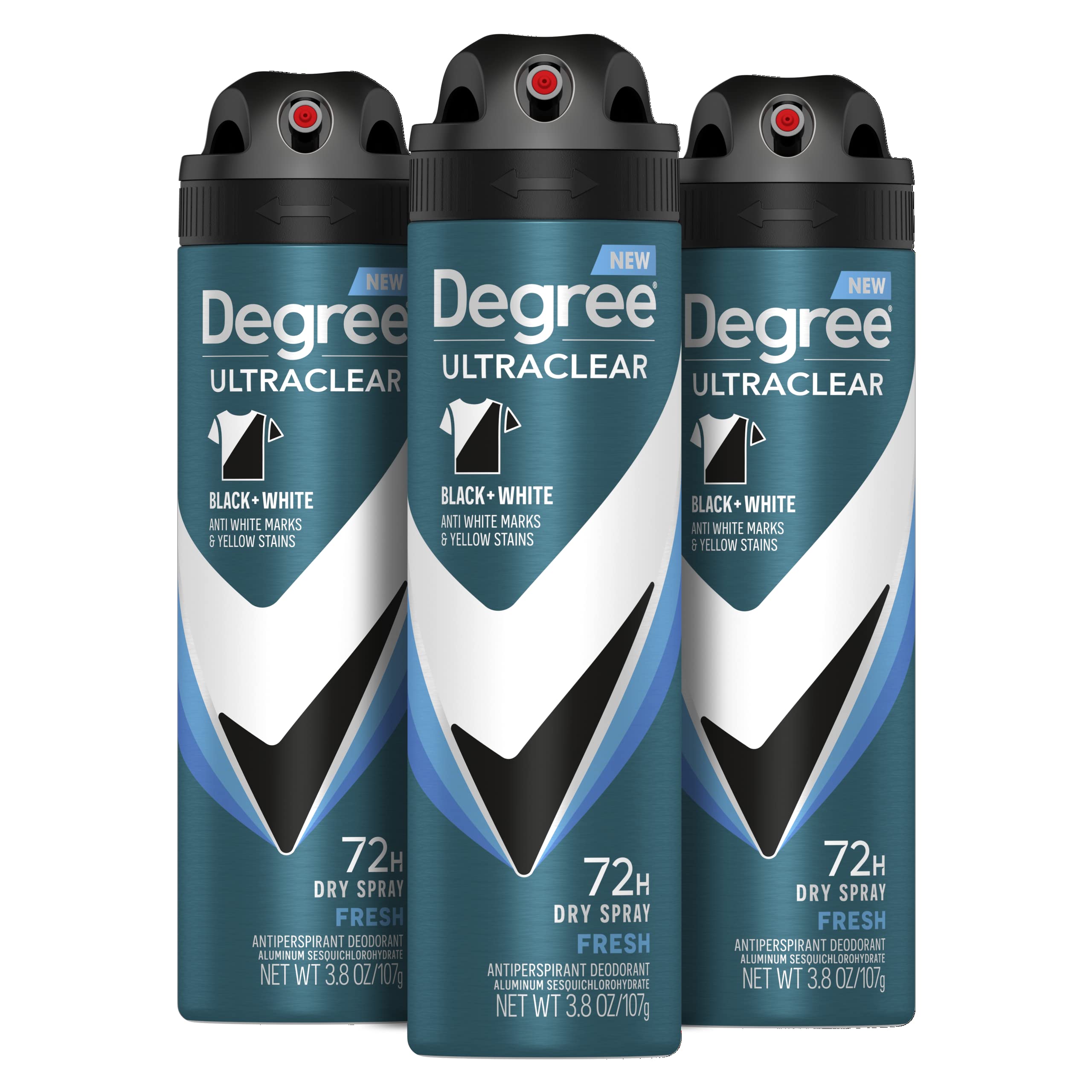 Degree Men Ultraclear Black + White Fresh dry spray bottle with instant dryness and stain protection.