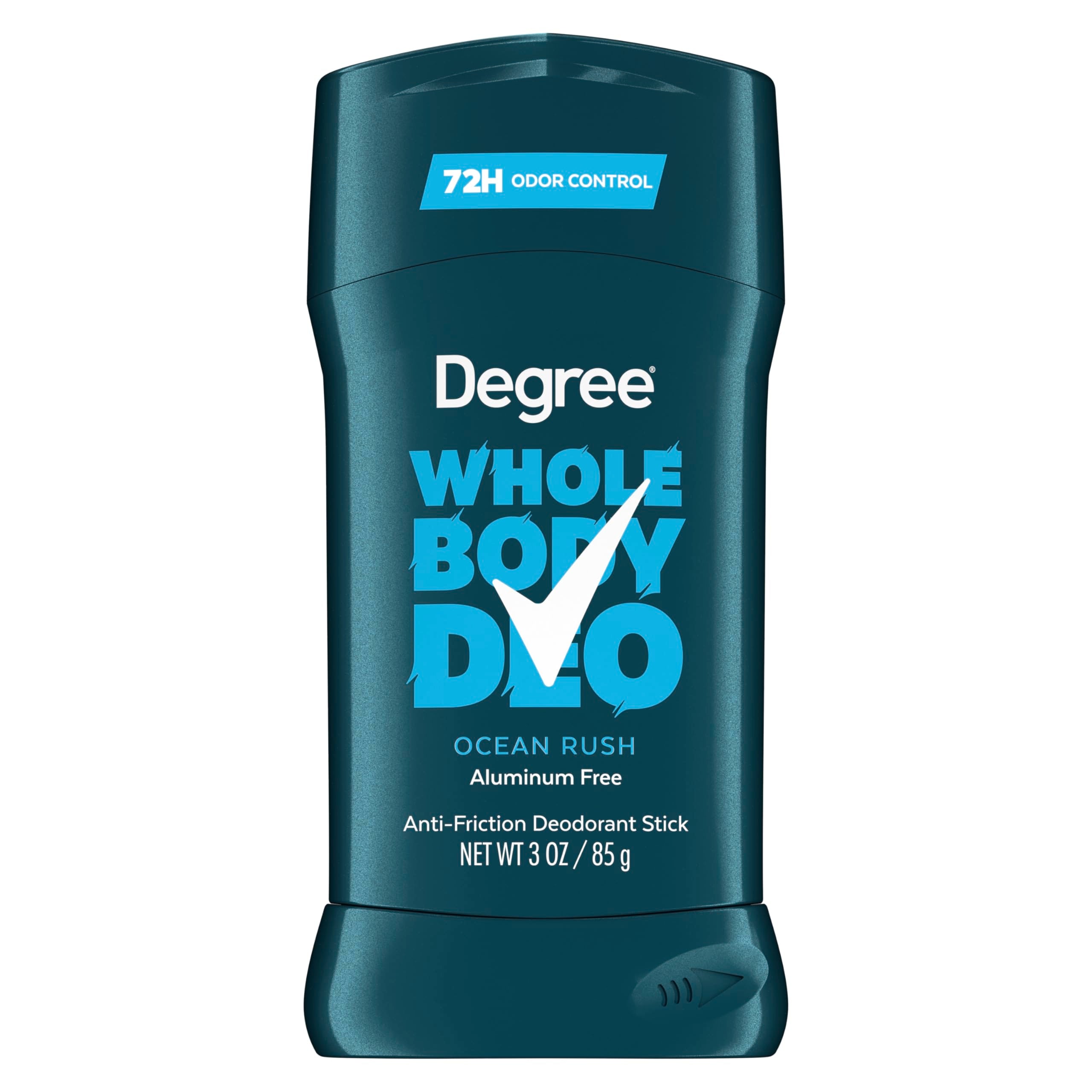 Degree Men Ocean Rush packaging shows aluminum-free formula and long-lasting odor protection.