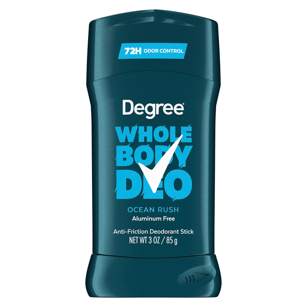 Degree Men Ocean Rush packaging shows aluminum-free formula and long-lasting odor protection.