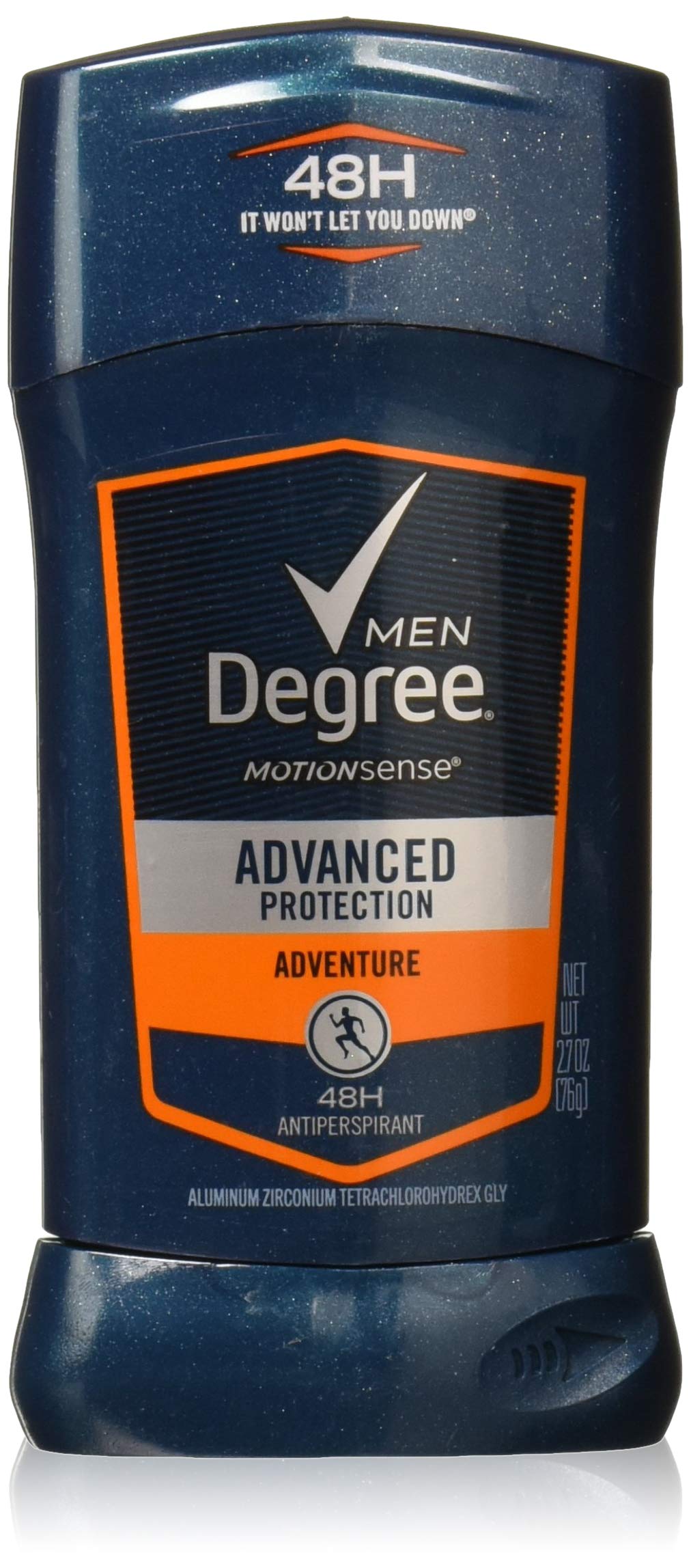 Degree MotionSense Adventure deodorant stick, front view, offering all-day freshness for active days.