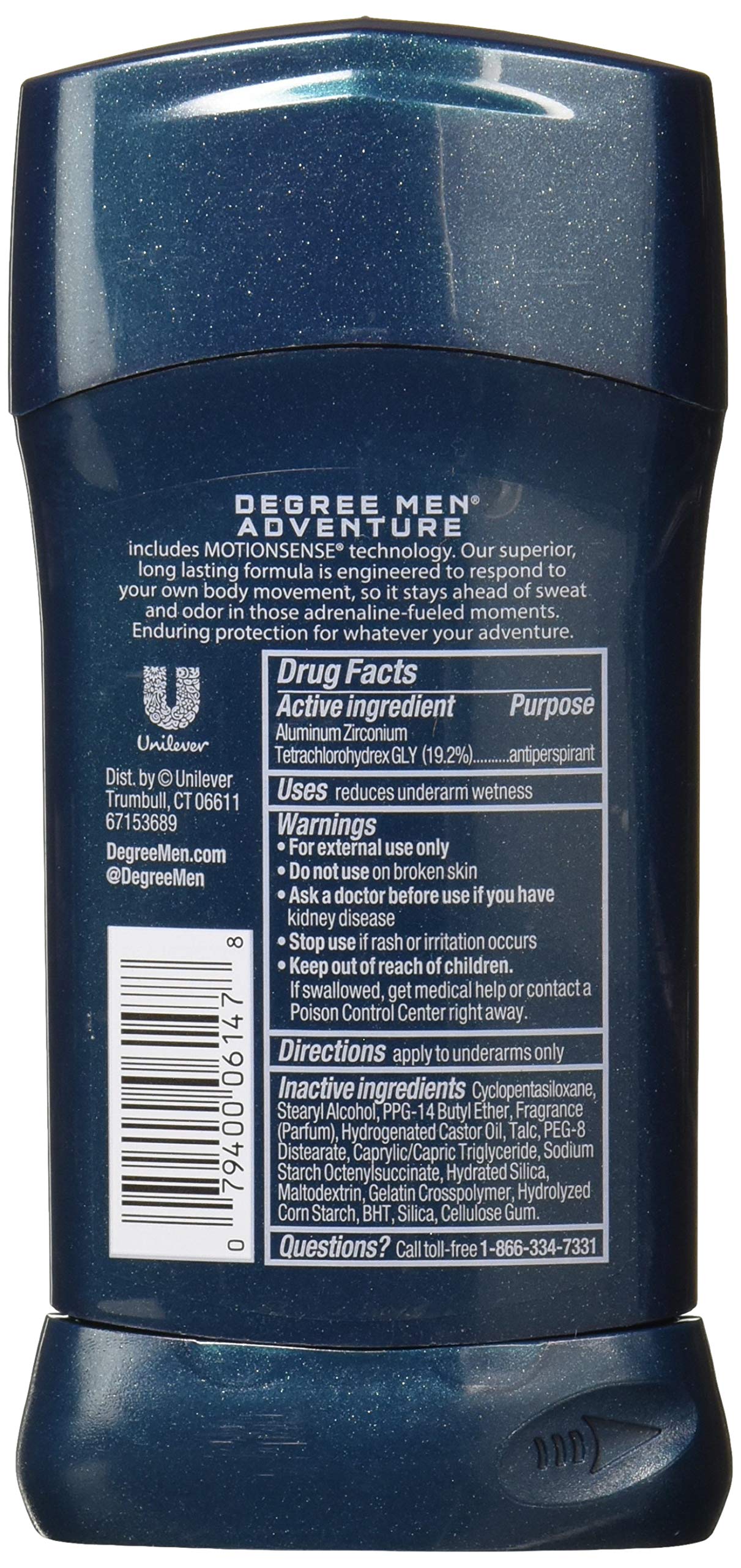 Degree MotionSense Adventure deodorant stick, top view, designed for lasting protection during activities.