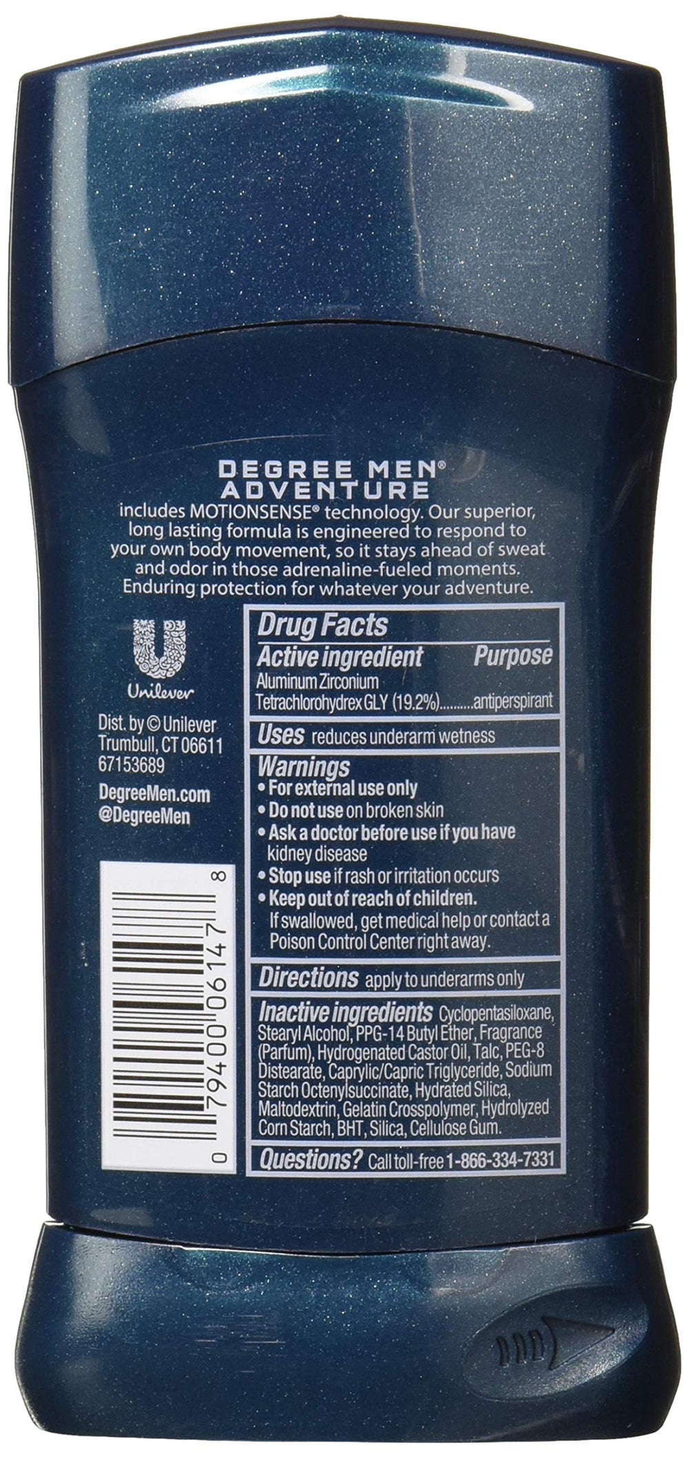 Degree MotionSense Adventure deodorant stick, top view, designed for lasting protection during activities.