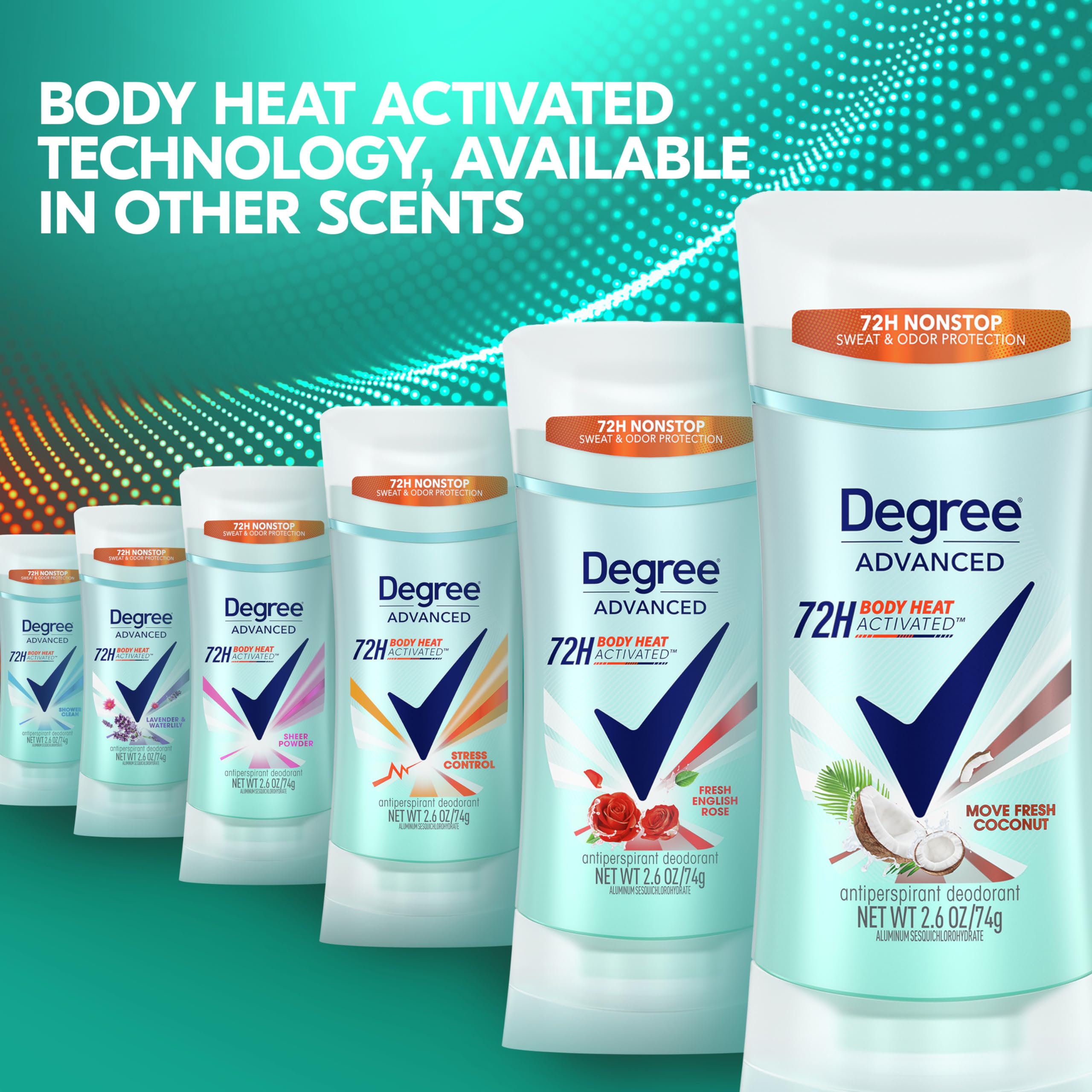 Recycling logo on Degree packaging emphasizes recyclable packaging commitment.