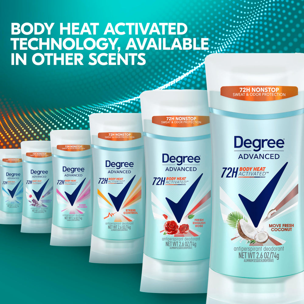 Recycling logo on Degree packaging emphasizes recyclable packaging commitment.