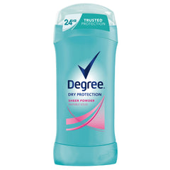 Degree Sheer Powder deodorant stick in packaging for all-day freshness and protection.