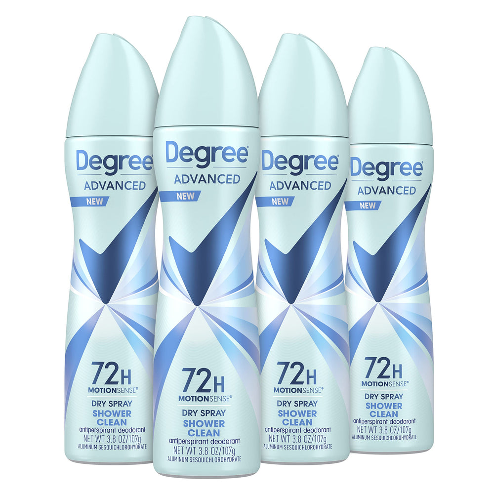 Degree Shower Clean dry spray bottle pour demonstrates instant dryness and fresh confidence.