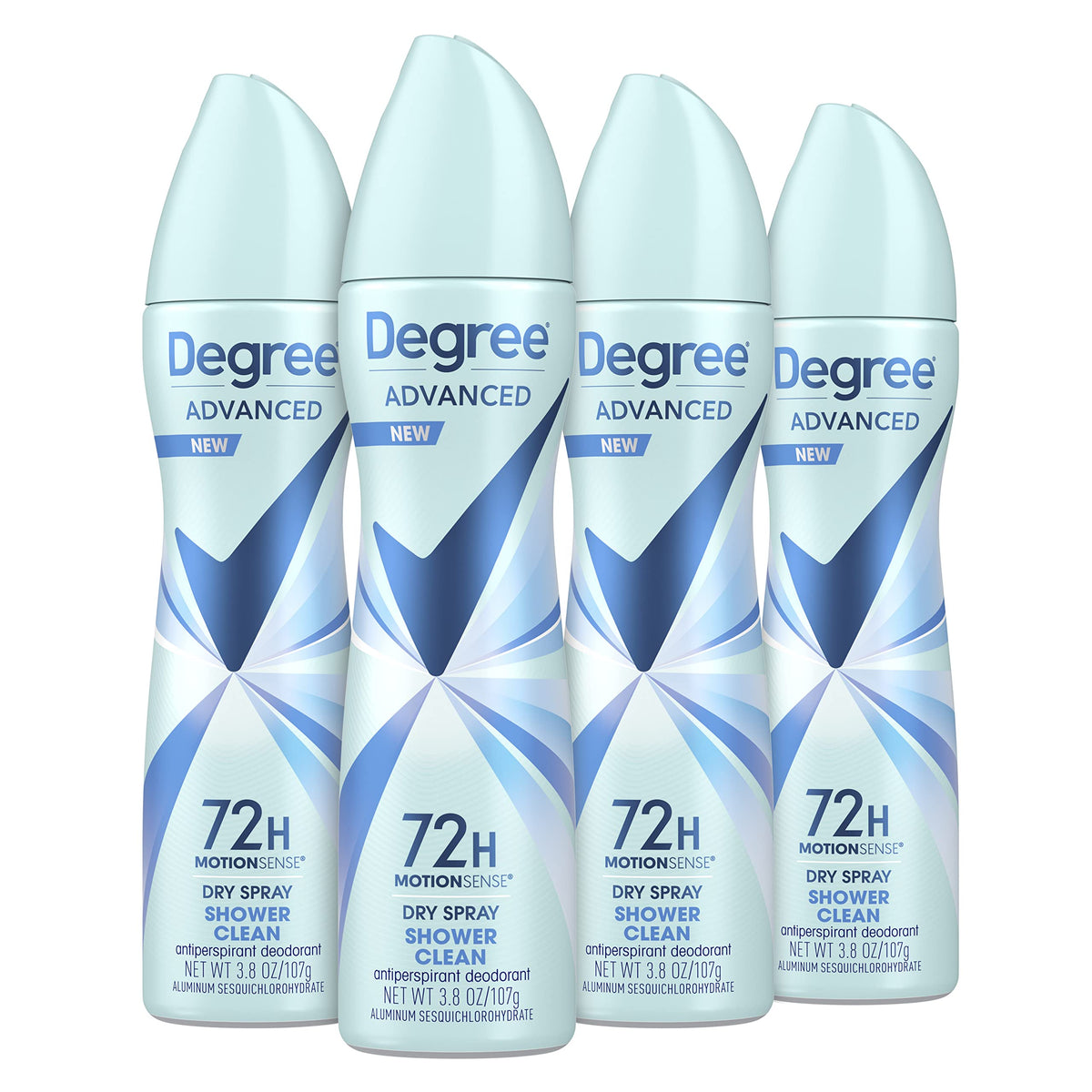 Degree Shower Clean dry spray bottle pour demonstrates instant dryness and fresh confidence.