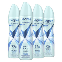 Degree Shower Clean dry spray bottle pour demonstrates instant dryness and fresh confidence.