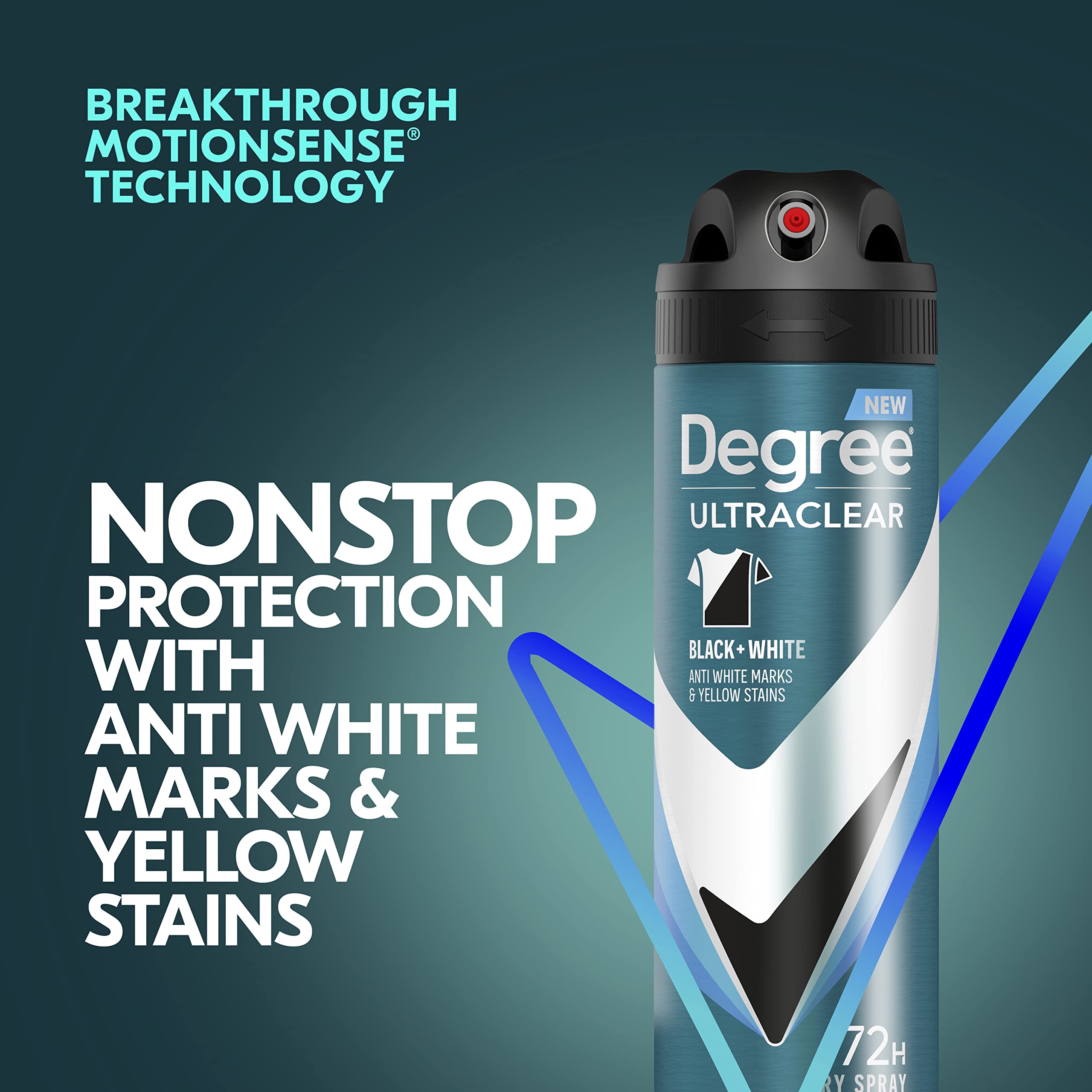 Degree Ultraclear Black + White Fresh label emphasizes anti-stain formula for dark and light fabrics.
