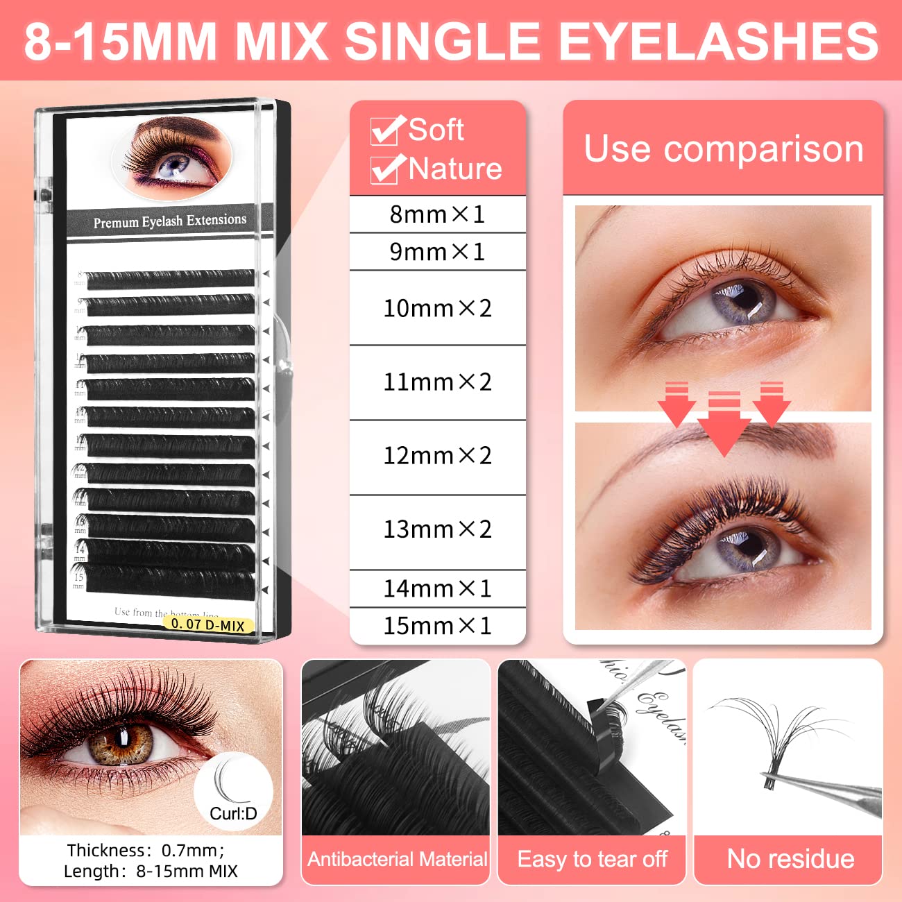 Dejiovey mixed 0.07D lashes 8-15mm for customizable extensions.