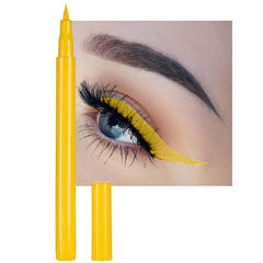 DekRion liquid eyeliner yellow cap closeup shows precise color and quick-drying performance