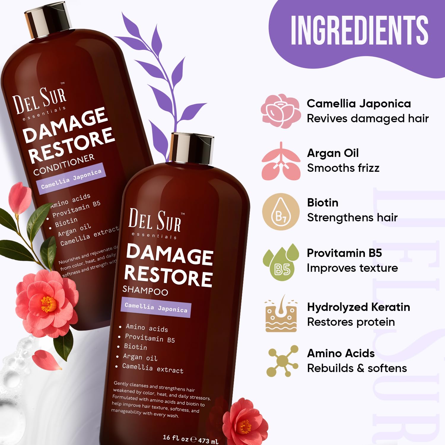 DEL SUR Camellia Japonica ingredients jar emphasizing premium botanicals for nourishing care