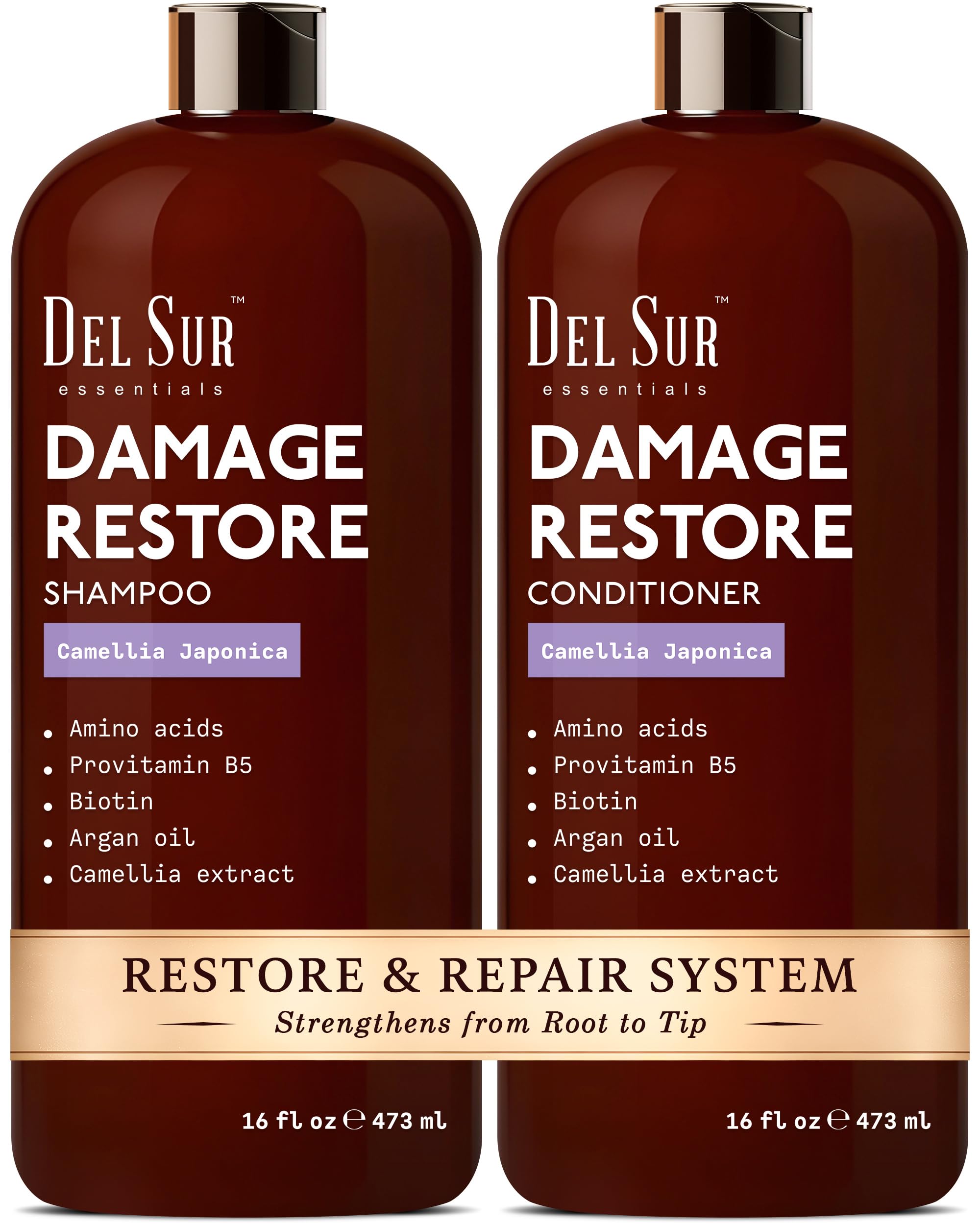 DEL SUR Hair Repair Shampoo bottle showcasing Camellia Japonica and Biotin for smoother strands