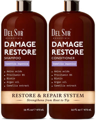DEL SUR Hair Repair Shampoo bottle showcasing Camellia Japonica and Biotin for smoother strands