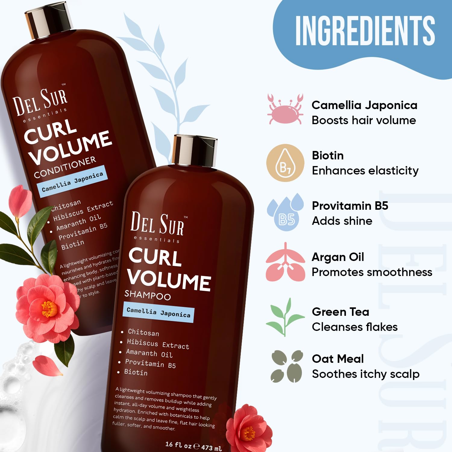 DEL SUR Huile Camellia japonica hibiscus amarante, nourrissante pour les boucles