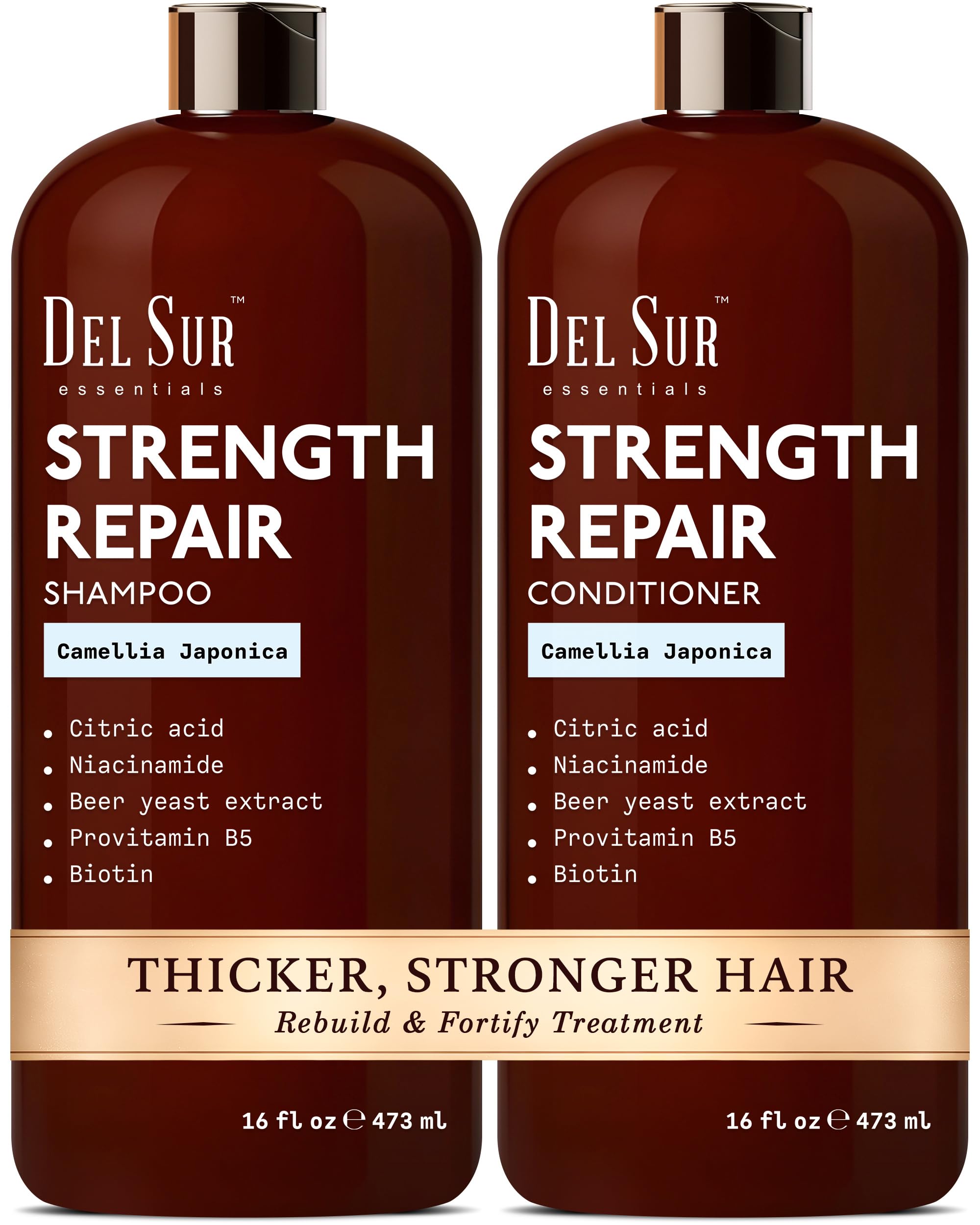 DEL SUR shampoo bottle close-up highlighting Camellia Japonica for smoother hair