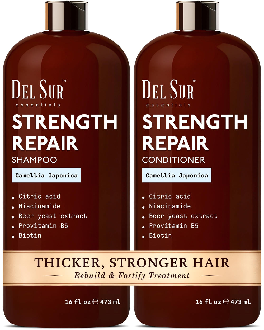 DEL SUR shampoo bottle close-up highlighting Camellia Japonica for smoother hair