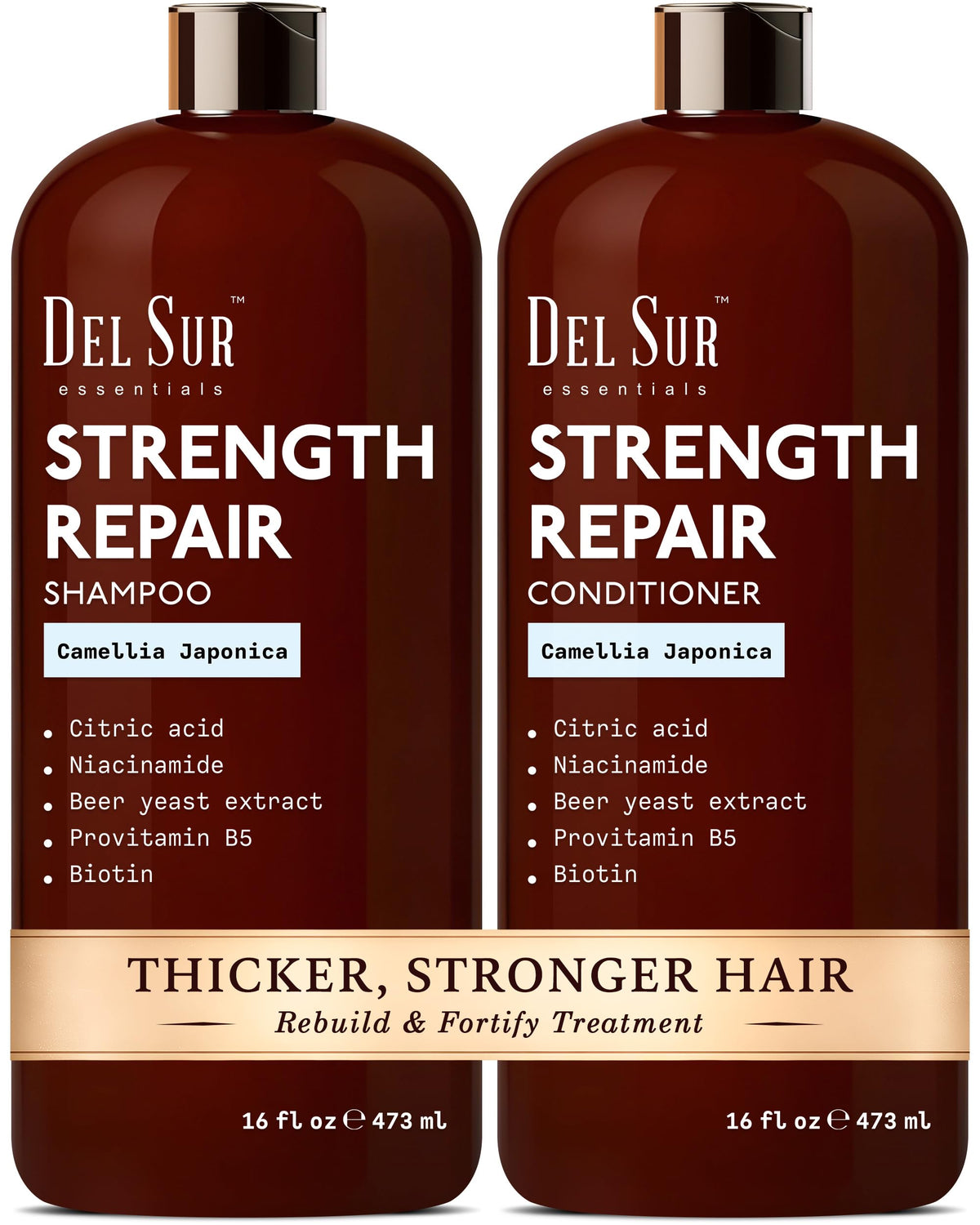 DEL SUR shampoo bottle close-up highlighting Camellia Japonica for smoother hair