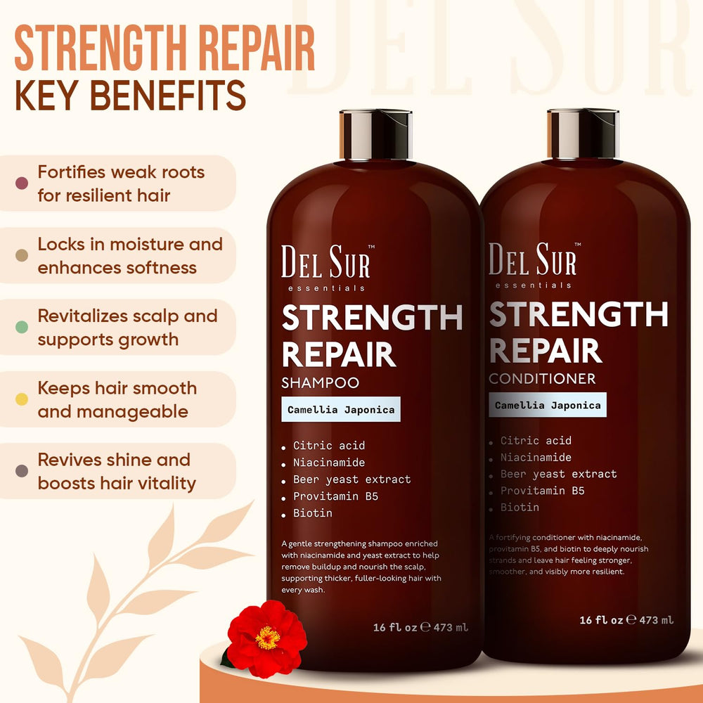 DEL SUR shampoo label detail emphasizing Niacinamide support for healthier-looking strands