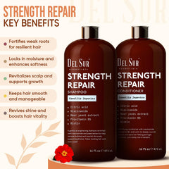 DEL SUR shampoo label detail emphasizing Niacinamide support for healthier-looking strands