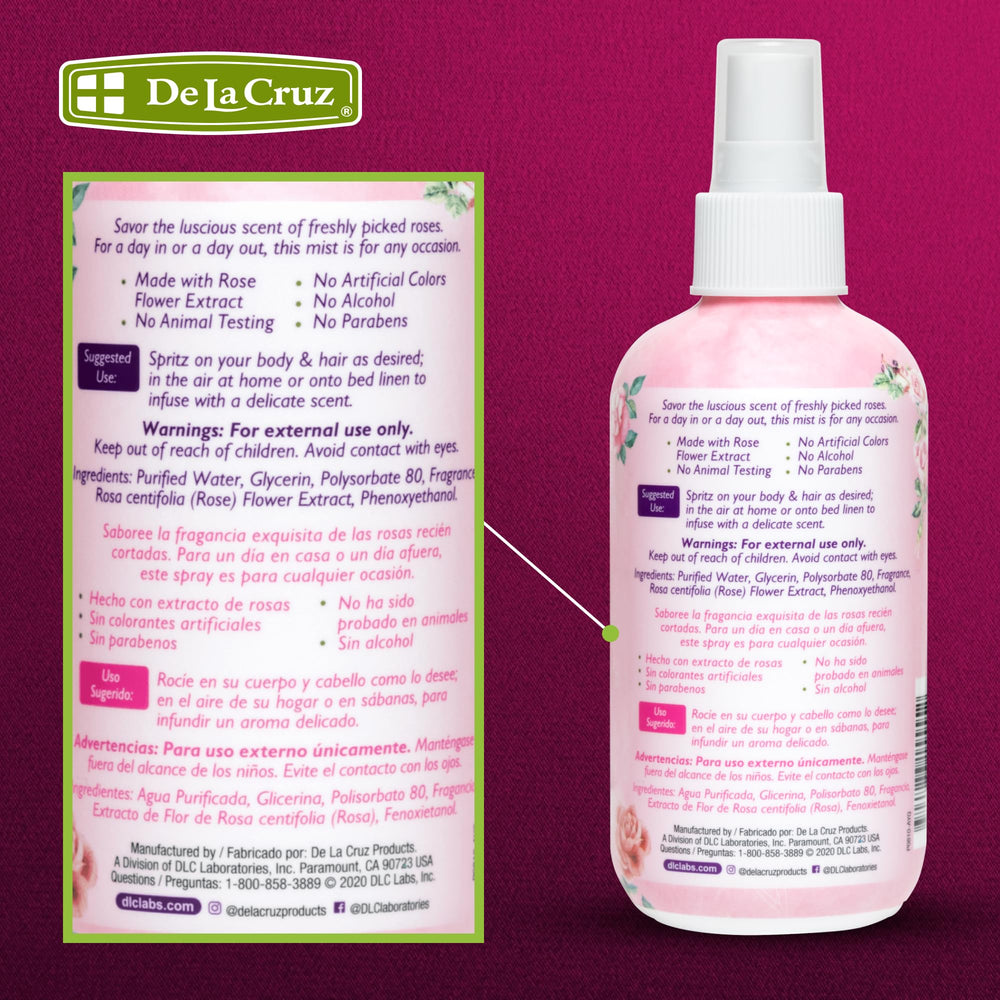 De La Cruz Rose Water Bed Linen Mist for calming bedtime experience.