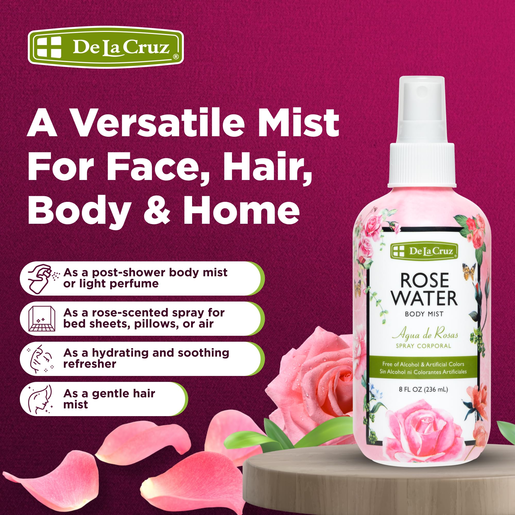 De La Cruz Rose Water Face Mist for refreshed skin and natural aroma.