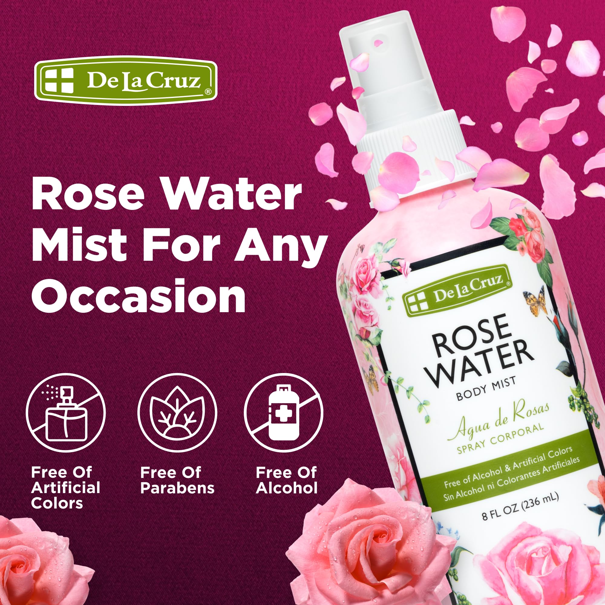 De La Cruz Rose Water Skin Toner for daily hydration and soothing aroma.