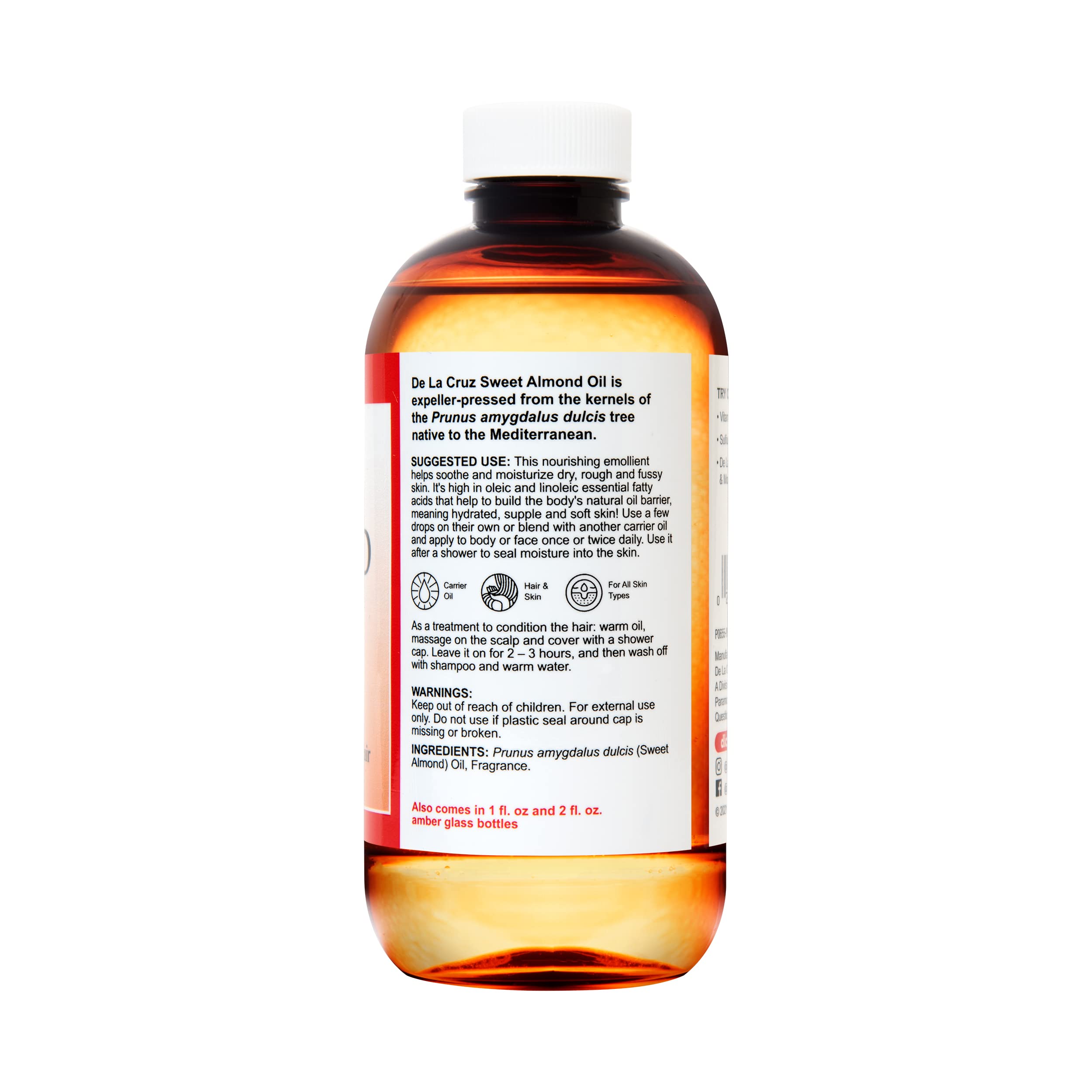 De La Cruz Sweet Almond Oil bottle pour for quick skin hydration