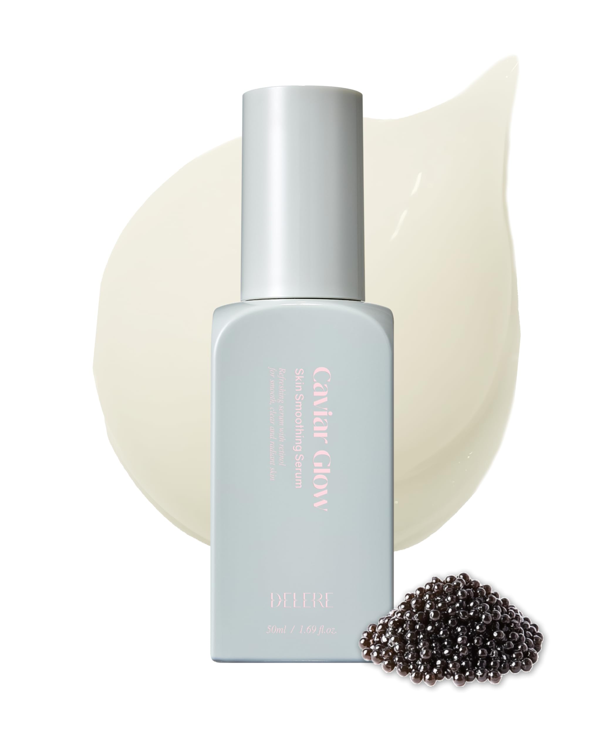 Delere Caviar Glow Serum bottle close-up highlighting a luxe, radiant complexion