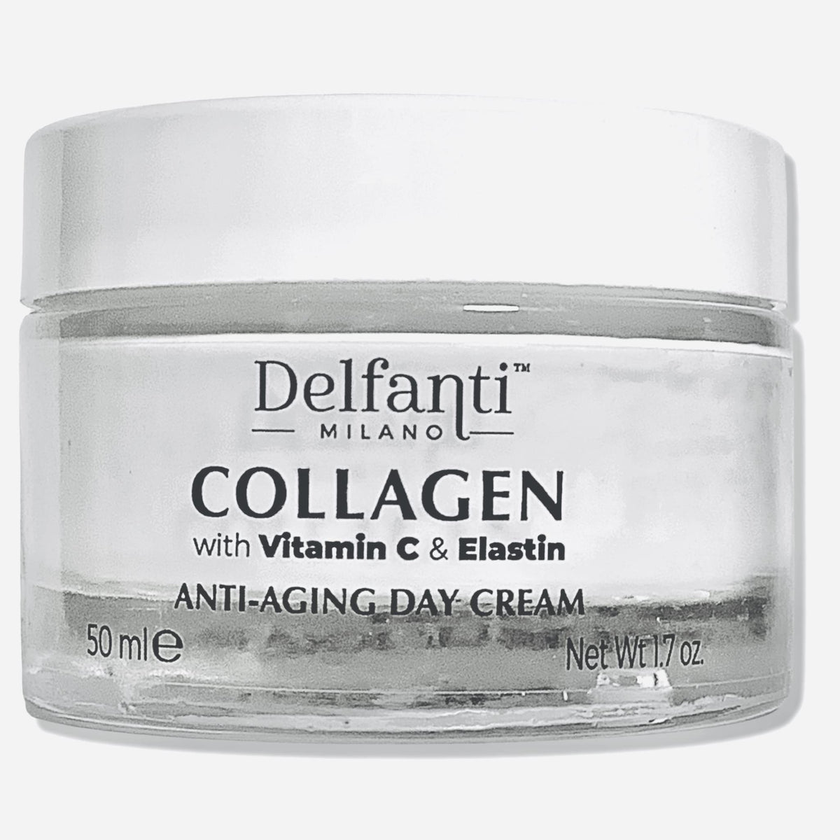 Delfanti-Milano collagen bottle highlights vitamin C elastin blend for hydrated, radiant-looking skin.