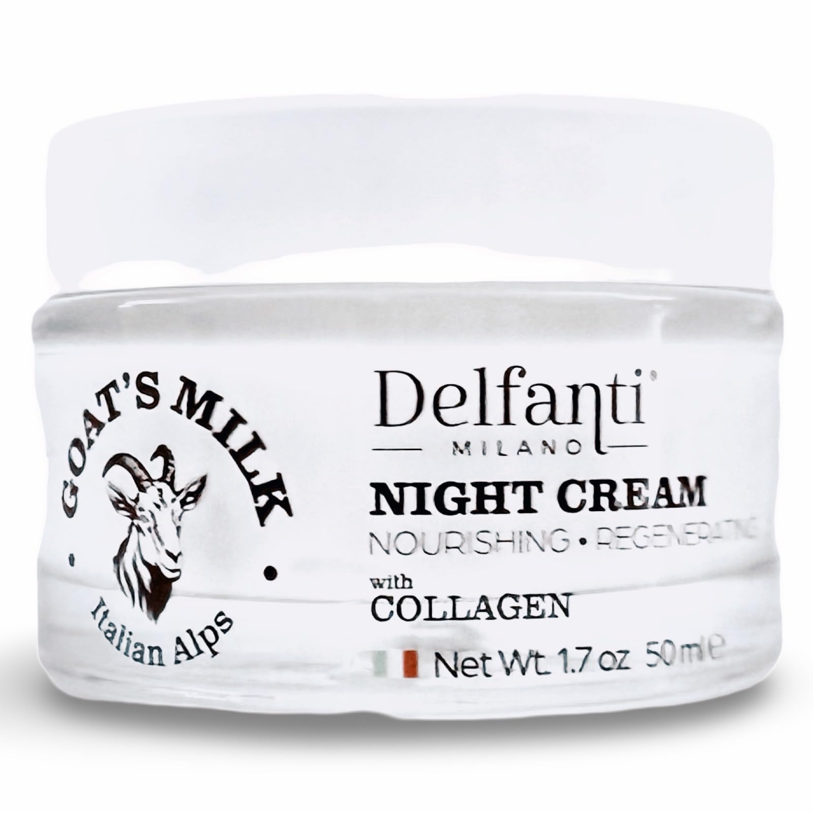 Delfanti-Milano goats milk collagen night cream jar for radiant skin while you sleep