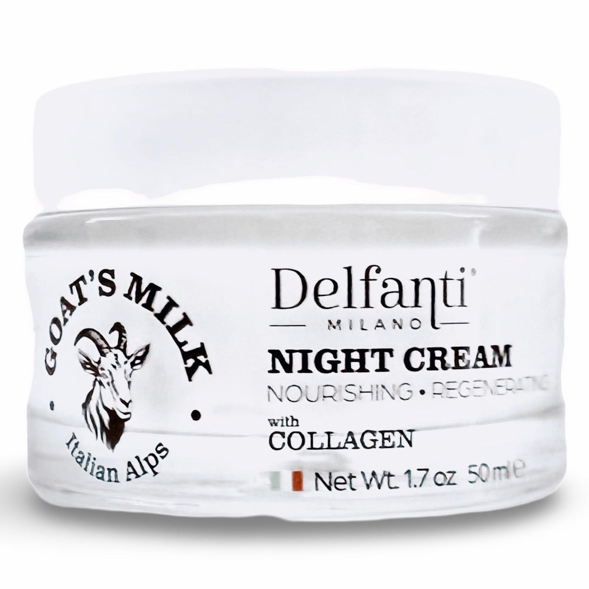 Delfanti-Milano goats milk collagen night cream jar for radiant skin while you sleep