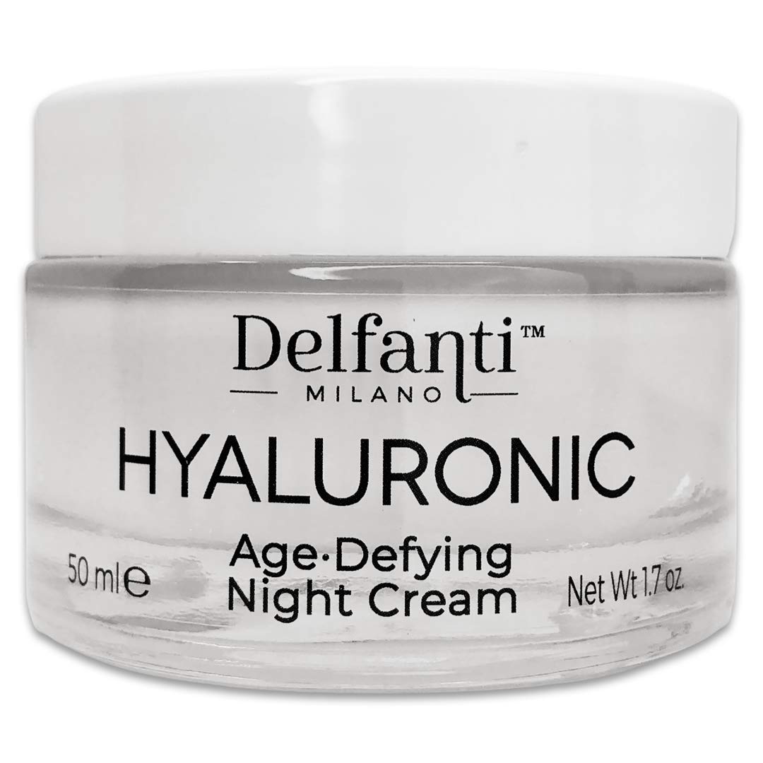 Delfanti Milano hyaluronic night cream jar signaling deep overnight hydration and glow.