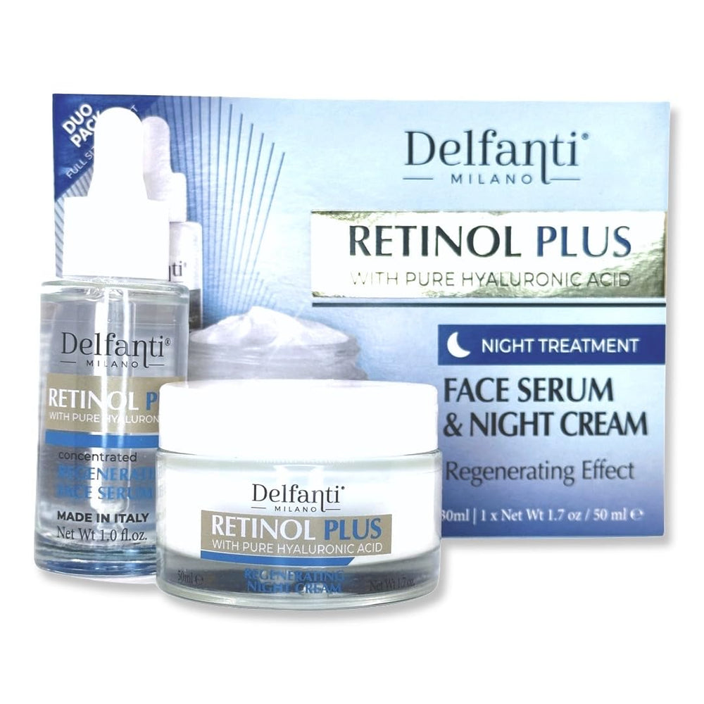 Delfanti Milano Retinol Plus serum bottle for nightly hydration.