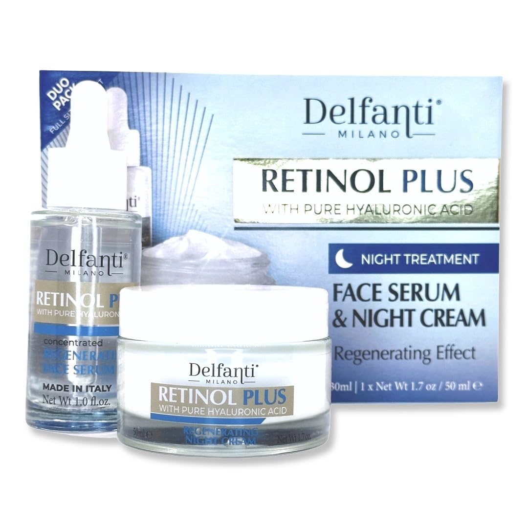 Delfanti Milano Retinol Plus serum bottle for nightly hydration.