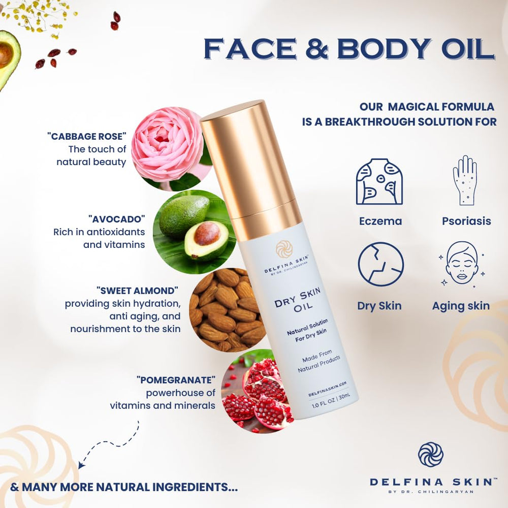 Delfina Skin Dry Oil application on hand shows soothing use.