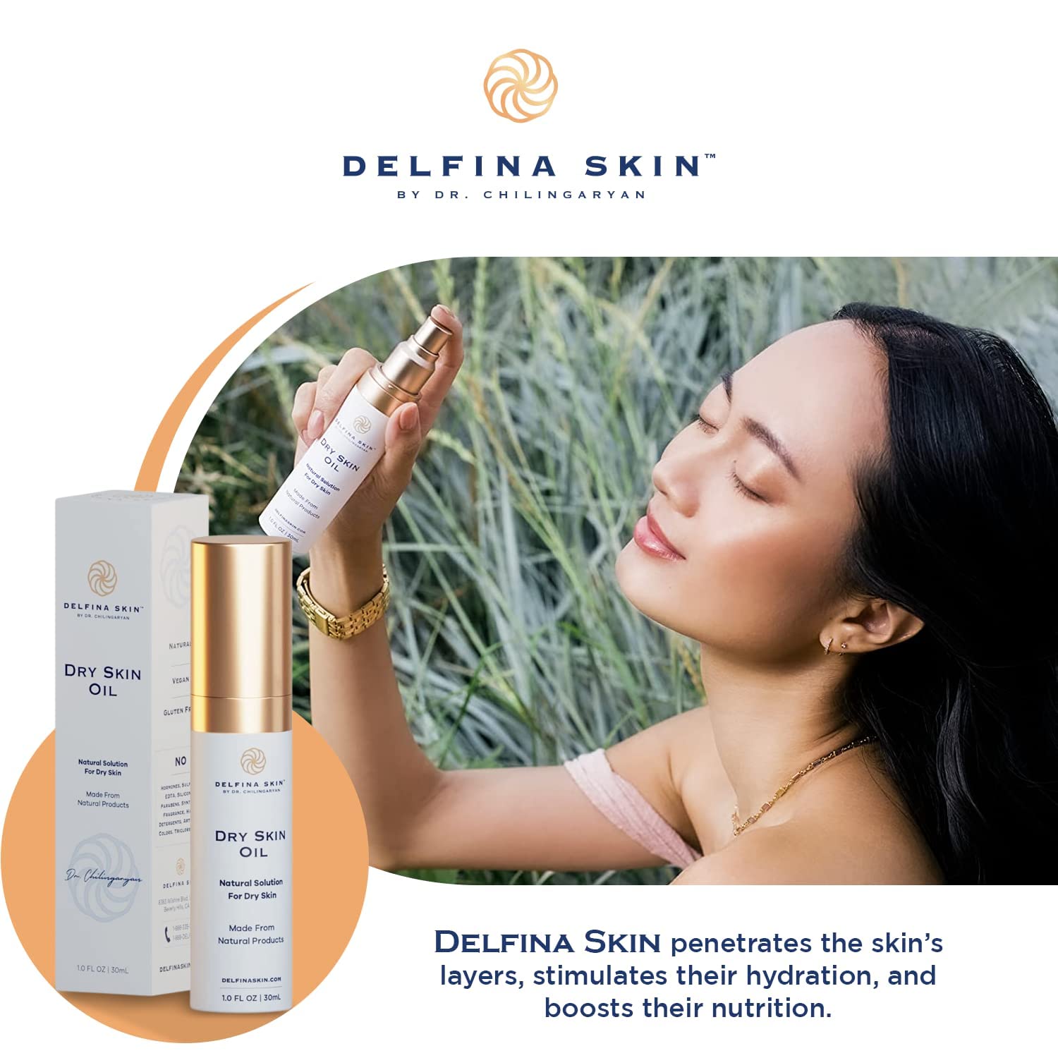Delfina Skin Dry Oil free-from-alcohol label highlights clean formulation.