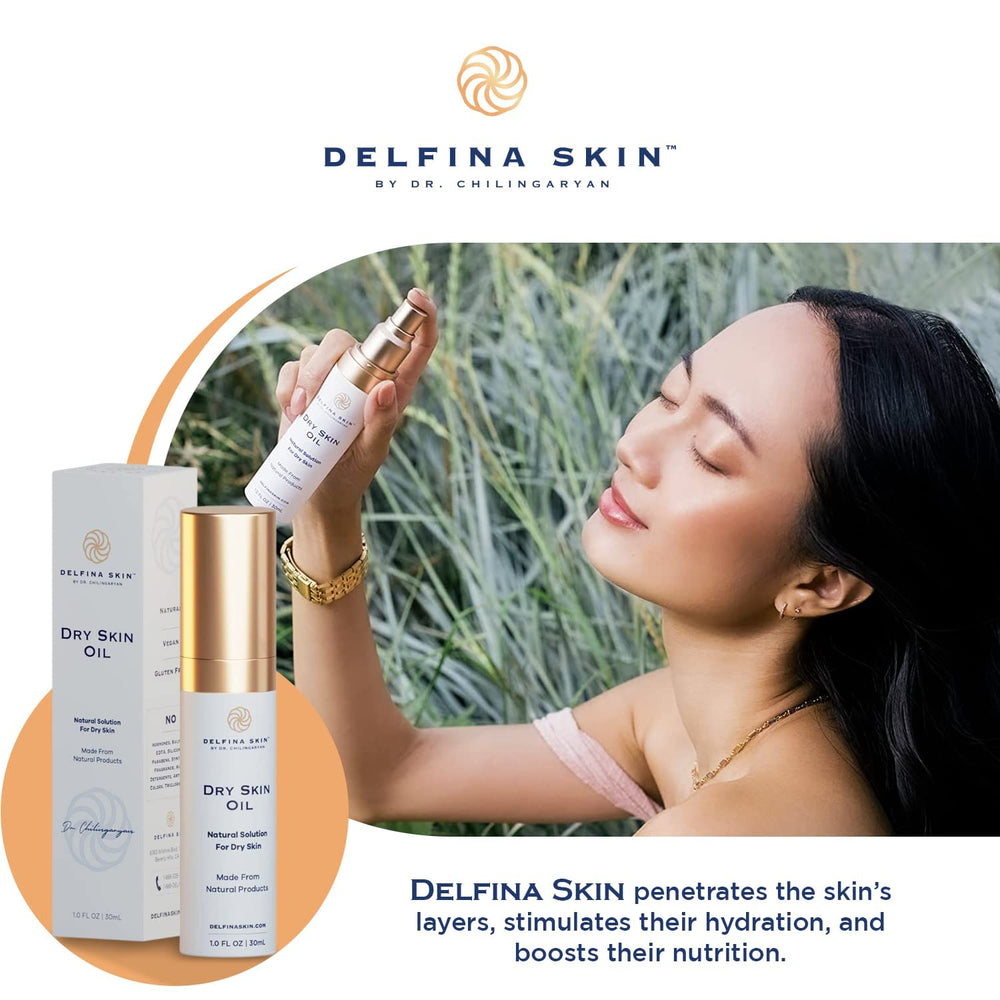 Delfina Skin Dry Oil free-from-alcohol label highlights clean formulation.