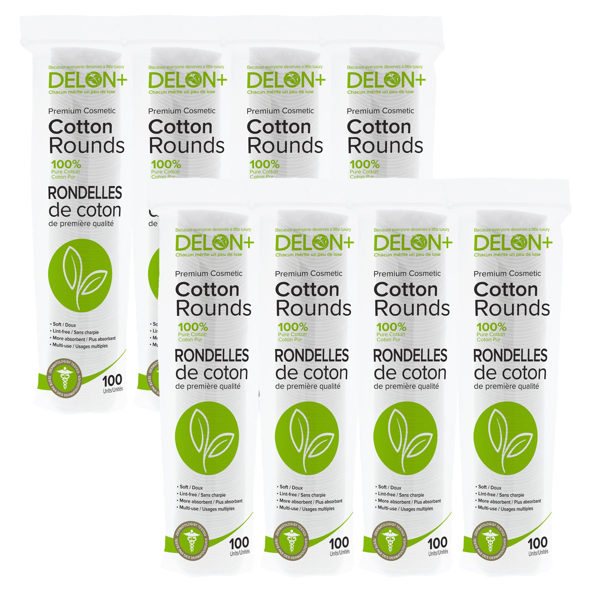 Delon Cotton Rounds front view, large 800-count pack for versatile skincare routines.