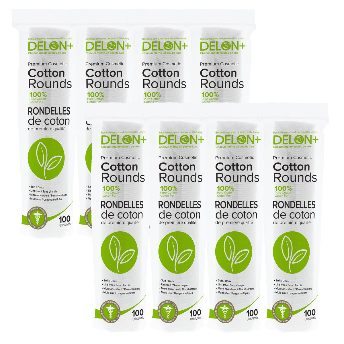Delon Cotton Rounds front view, large 800-count pack for versatile skincare routines.