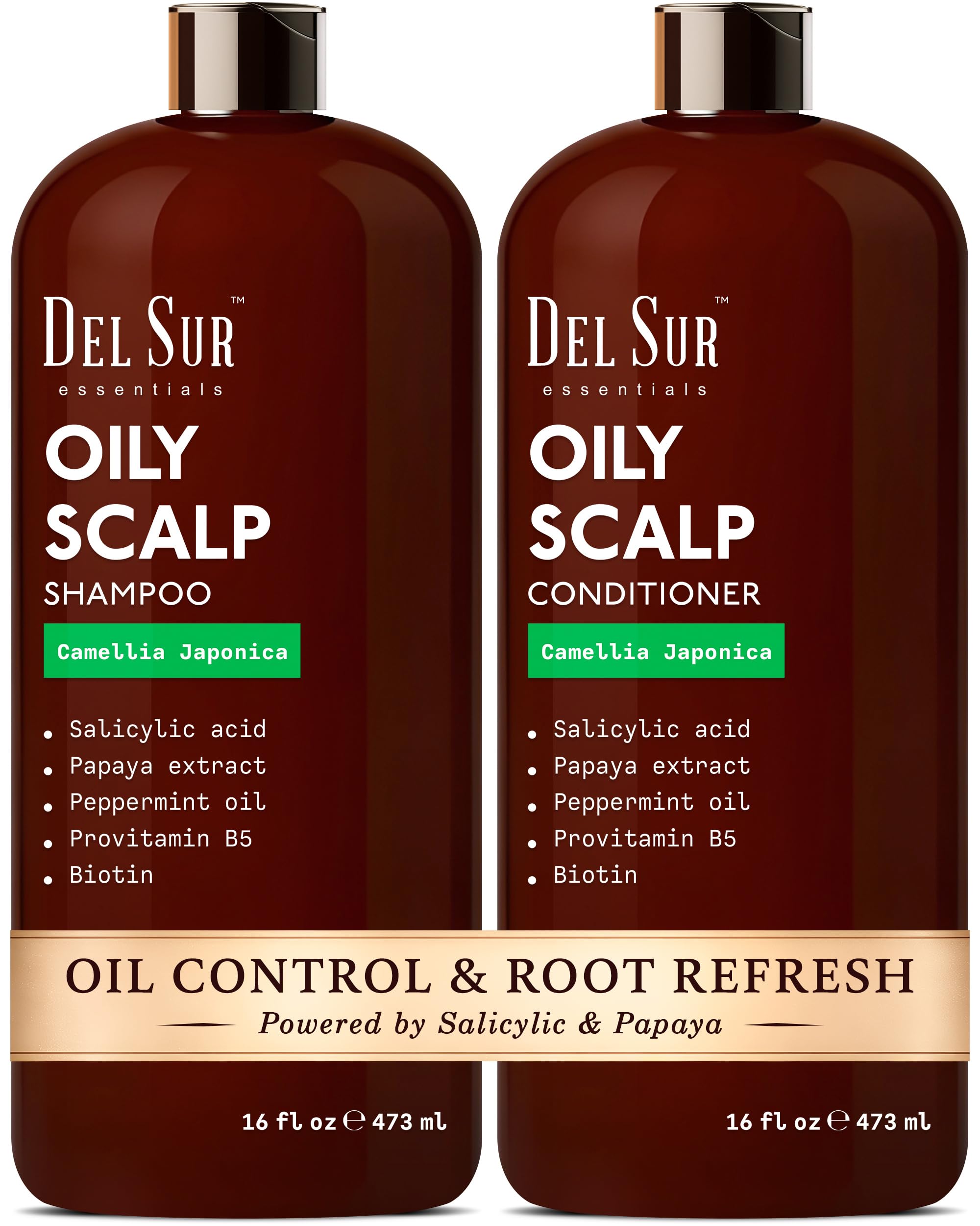 DEL SUR Clarifying Shampoo bottle pour reveals oil-control formula for refreshed scalp.