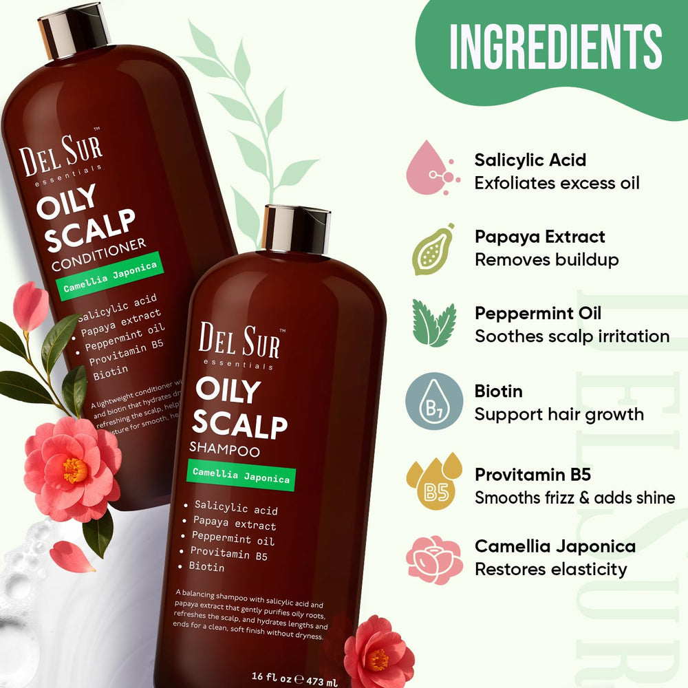 DEL SUR Clarifying Shampoo label focuses on ingredients for oil balance.