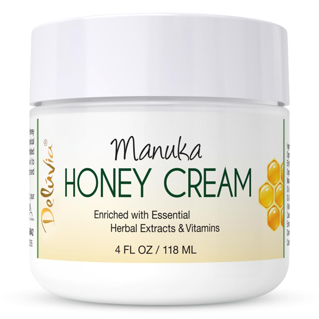 Deluvia Manuka Honey Cream bottle closeup showing hydrating formula for sensitive skin.