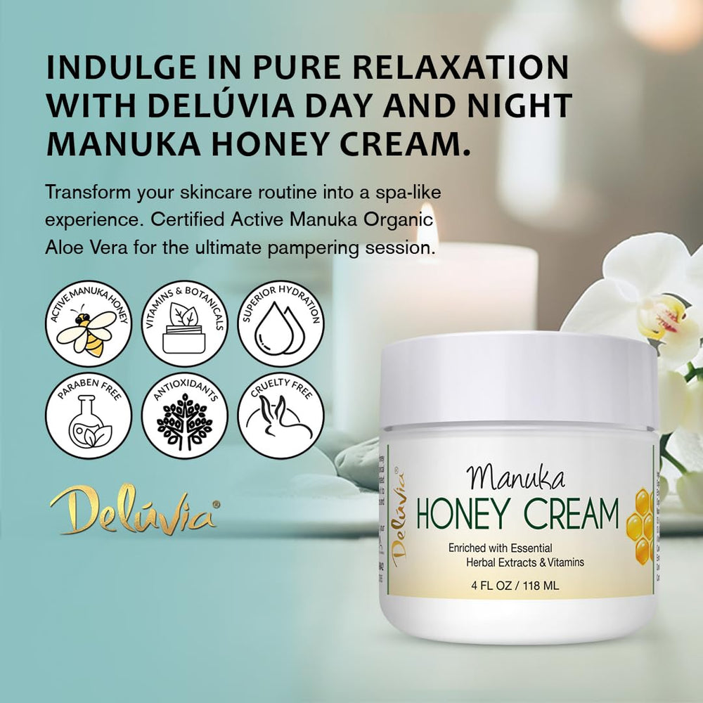 Deluvia Manuka Honey Cream jar closeup showing creamy texture.